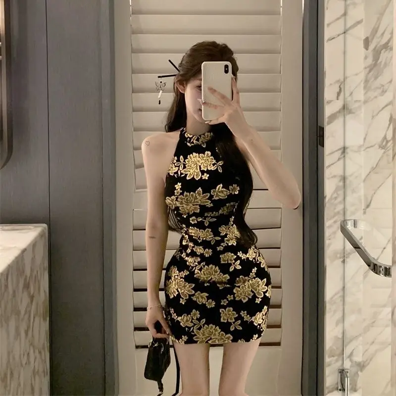 Korejepo черное бронзовое платье с воротником в стиле ретро женское летнее новое