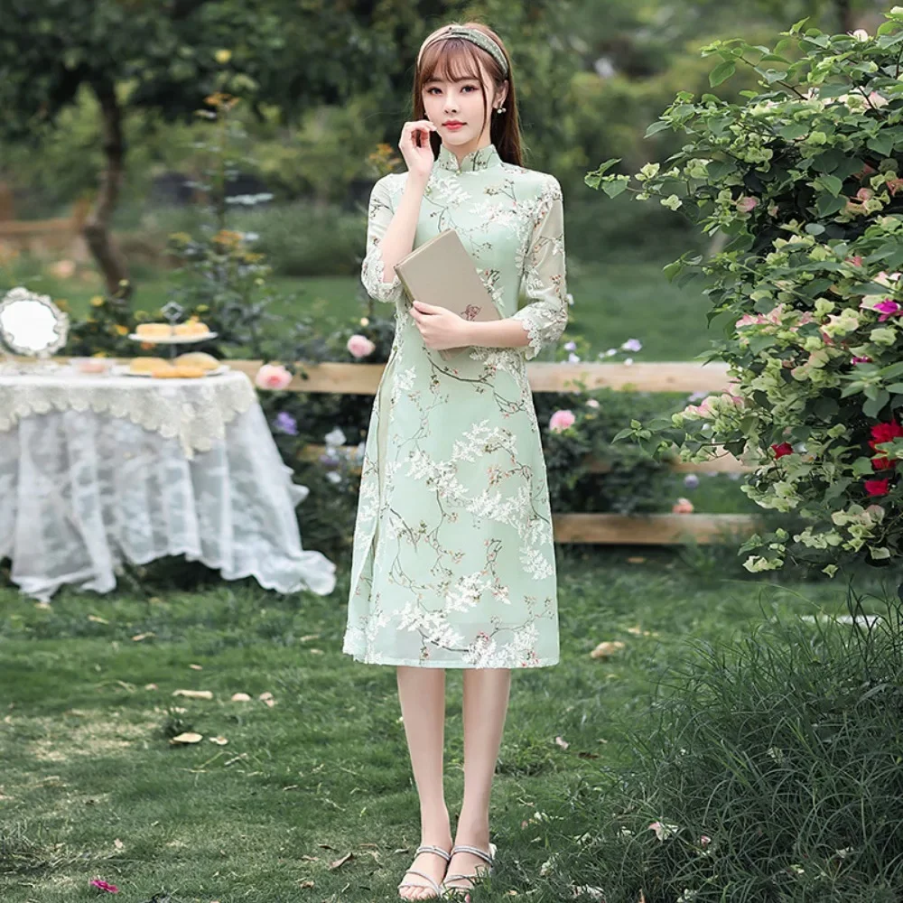 Модные элегантные платья-миди в китайском стиле Современные Moman Ципао летнее