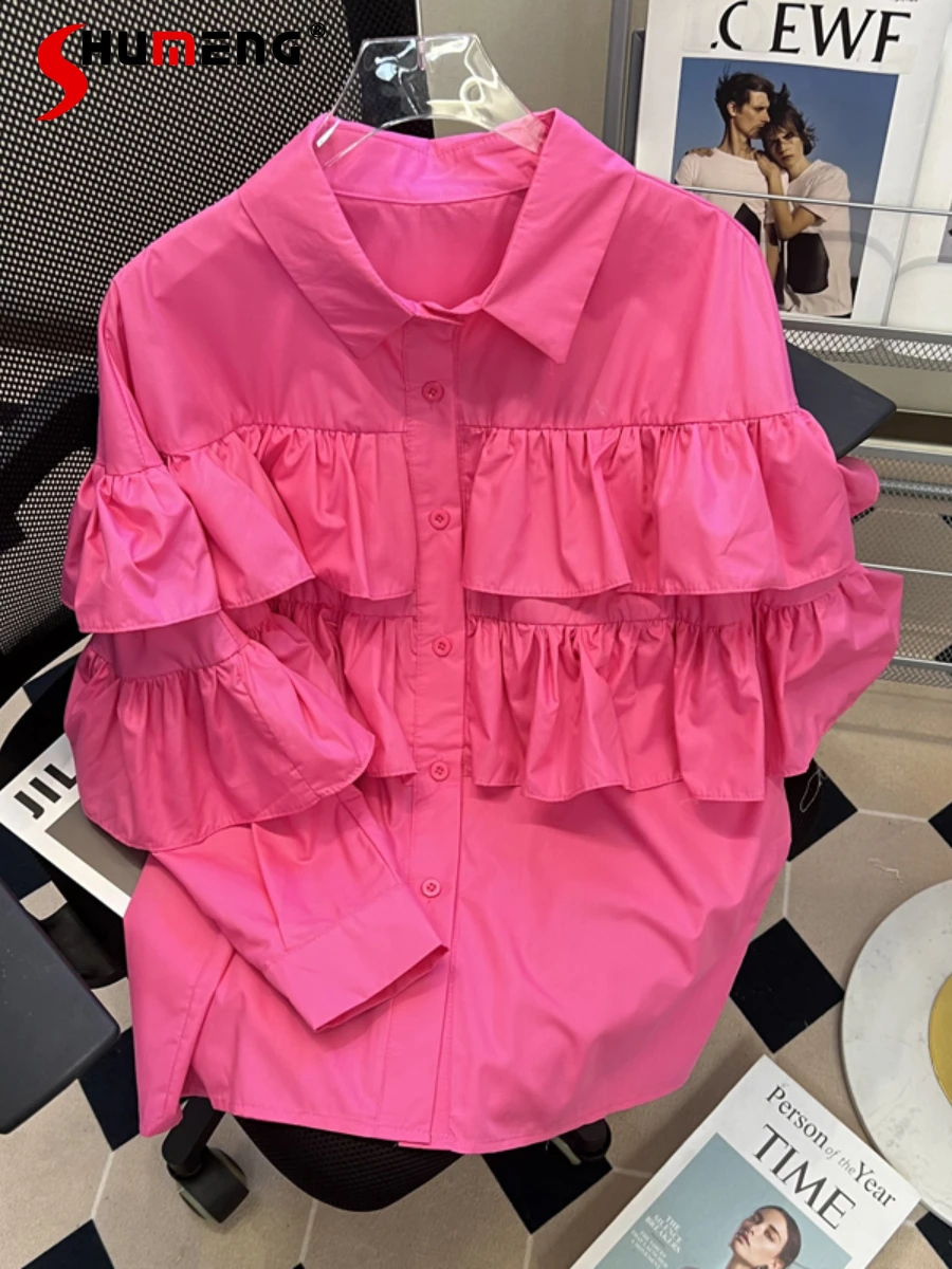 

2022 Summer Autumn New Fashion Sweet Ruffled Stitching Pink Shirt Women's Loose Batwing Long Sleeve Blouse Office Ladies Tops