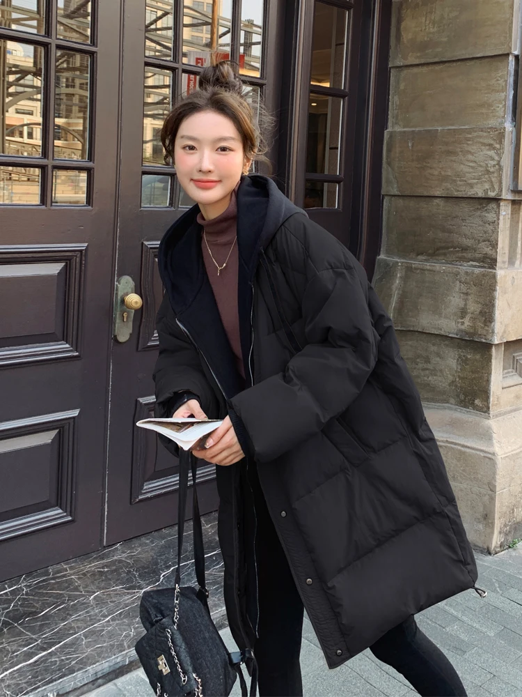 Black Down jacket Outerwear Women Mid-Length Winter clothes Plus size women clothing Belly Covering Fat Sister Fake Two Piece...