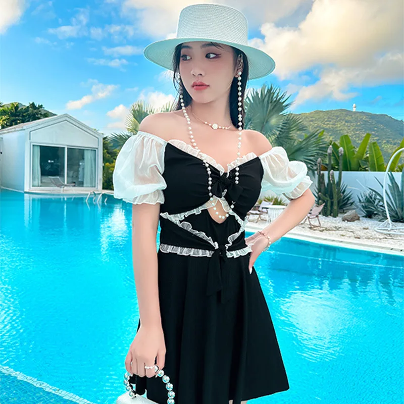 Short-Sleeved One-Piece Dress Swimsuit Summer Women's Ivory White Swimsuit High Waist Korean Bikini Set Swimsuit Free Shipping