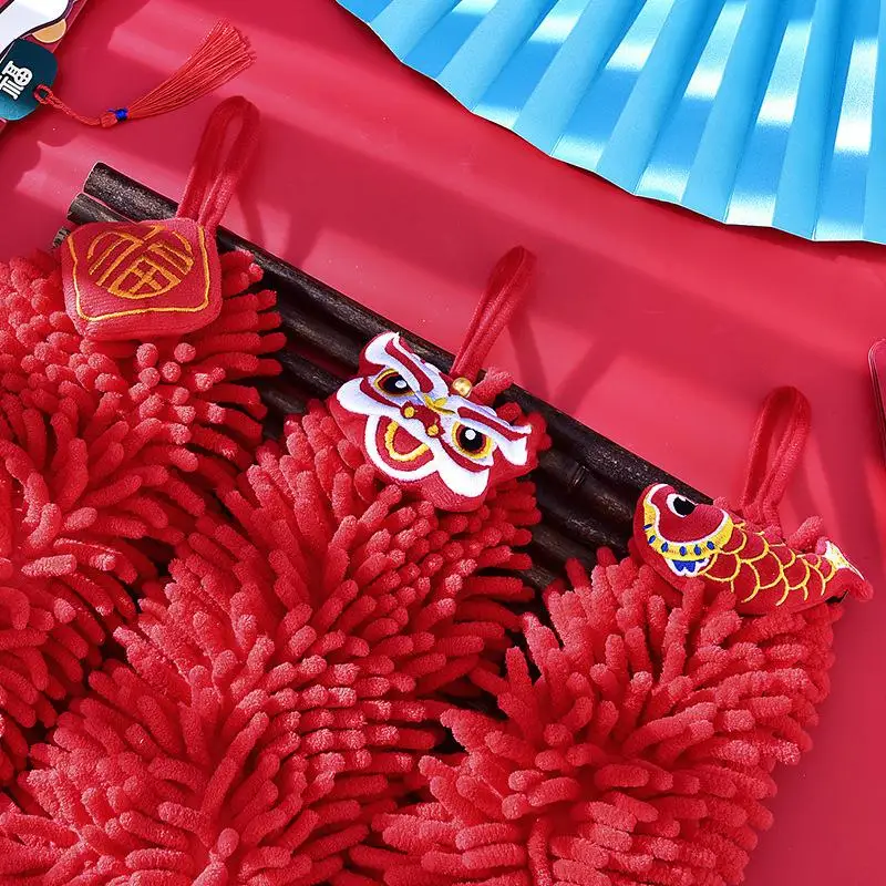 

New Year Red Household Kitchen Thicken Towel Hangable Hand Towel Absorbent Hand Wiping Bathroom Chenille