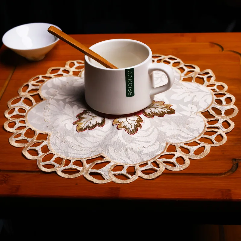 

Embroidery Flower Placemat Round Hollow Lace Coaster Plate Bowl Napkin Insulation Pad Mug Dining Coffee Table Cup Mat Home Decor