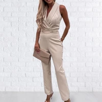 elegant office women jumpsuit soft touching keep cool solid color sleeveless wide leg bodysuit slim hips rompers supplies