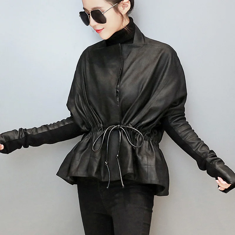 

Осенняя Женская куртка из натуральной кожи с регулируемой талией, Женская облегающая короткая верхняя одежда из натуральной овечьей кожи с...