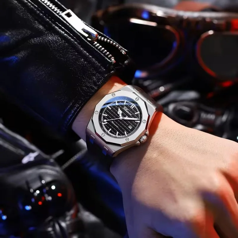 Фото CHENXI 8268 модные мужские кварцевые часы премиум-класса с ночником, силиконовый ремешок, водостойкий календарь, повседневные мужские текстурные часы, подарок №2