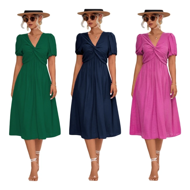 

Womens Dress Short Sleeves V Neck Flowy Midi Dress Twisted Knots A-Line Solid Color Casual Ruffle Swing Dress Drop Shipping