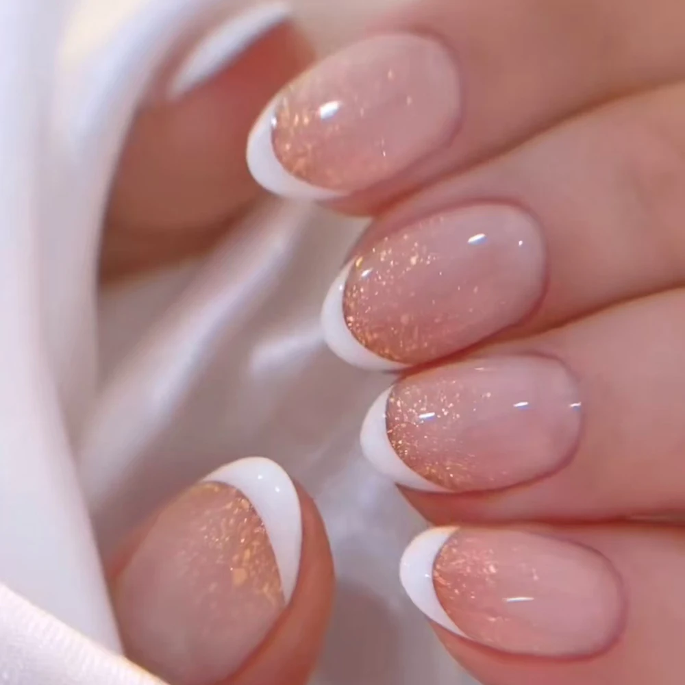 24 шт. короткие овальные французские накладные ногти ярко-белые золотые блестящие