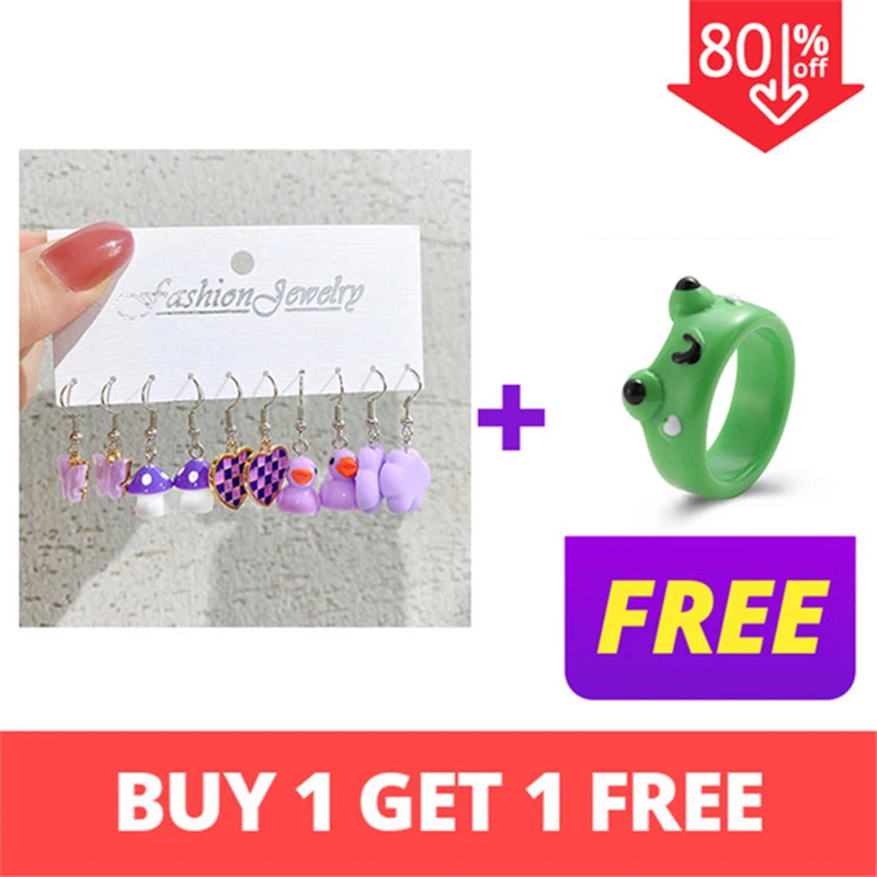 10Pcs/Set Duck Dangle Earring Set Cute Cartoon Butterfly Heart Mushroom Animal Drop Earrings For Woman Girl Kids Jewelry Gifts