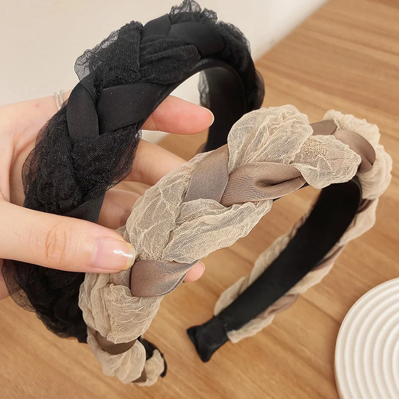 

Korean Fashion Sweet Twisted Braid Headband Women Girl Organza Satin Patchwork Hair Hoop Simple Mesh Headwear Hair Accessories