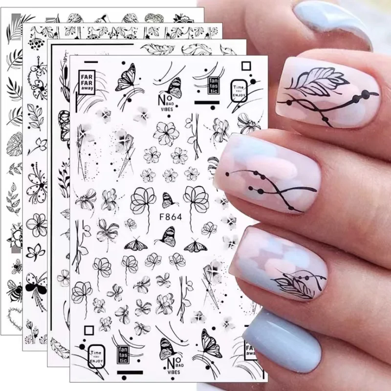 Spring Summer France Nail Art Stickers Black and White Flowers Butterflies Ins 3D Adhesive Nail Sticker Decorations for Manicure images - 6