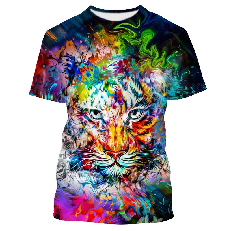 

Jumeast 3D Colored Tiger Printed T-shirty Cartoon Animal Hand-painted Abstract Graphic Mens T Shirts Grunge Y2K Streetwear Tops
