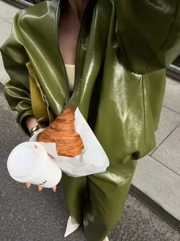 Шикарная оливково-зеленая однотонная кожаная куртка женская с воротником-стойкой на молнии длинная свободная верхняя одежда осенние женские топы для поездок на работу уличные (art.: 3920d1fb5ef6b) - 3920d1fb5ef6b