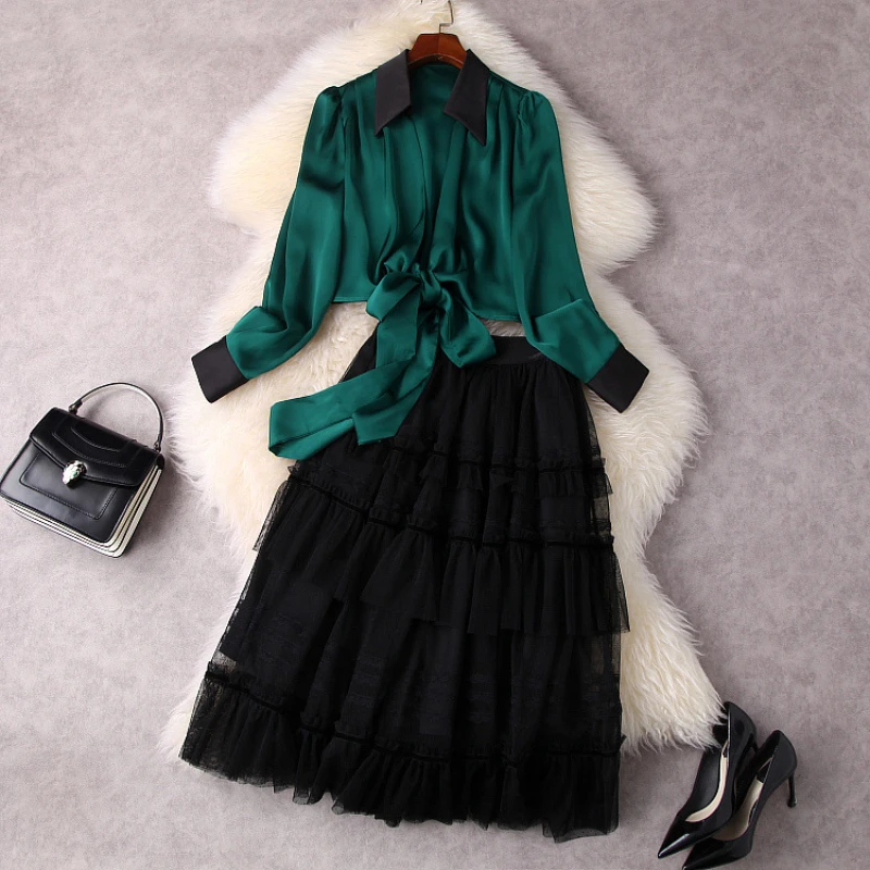 

2022 New Long Sleeve Green Cardigan Shirt Lace Gauze Pleated Skirt Fashion Suits European and American Women's Wear Spring