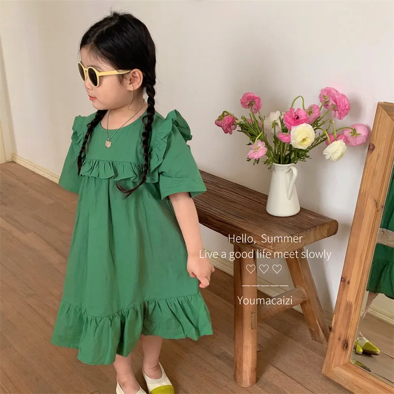 

2023 Summer New Baby Girl Short Sleeve Dress Kids Loose Casual Dress Kids Toddler Solid Cotton Ruffles Skirt Children Clothes