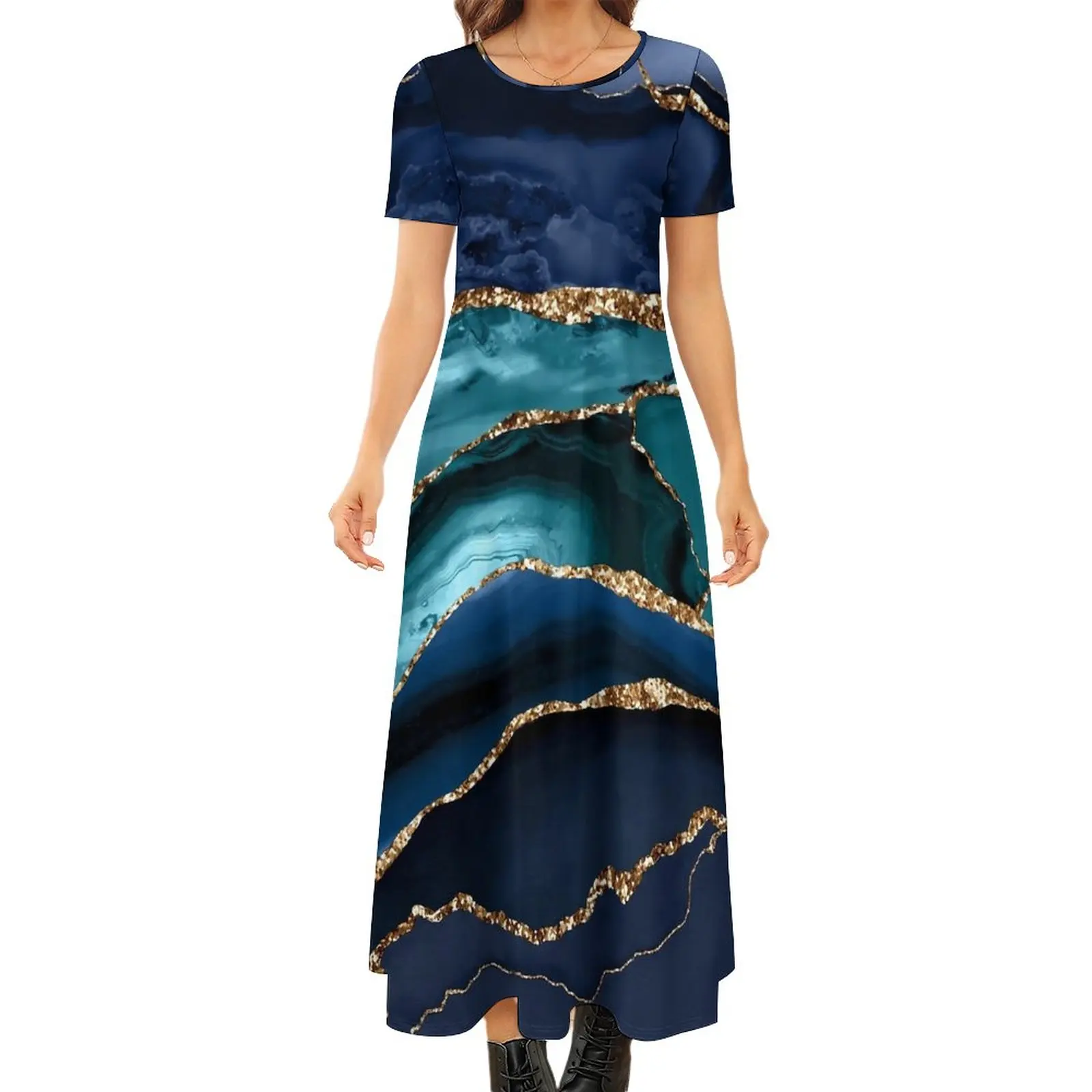 

Женское длинное платье в богемном стиле, элегантное платье макси синего цвета с абстрактным рисунком под мрамор, подарок на день рождения