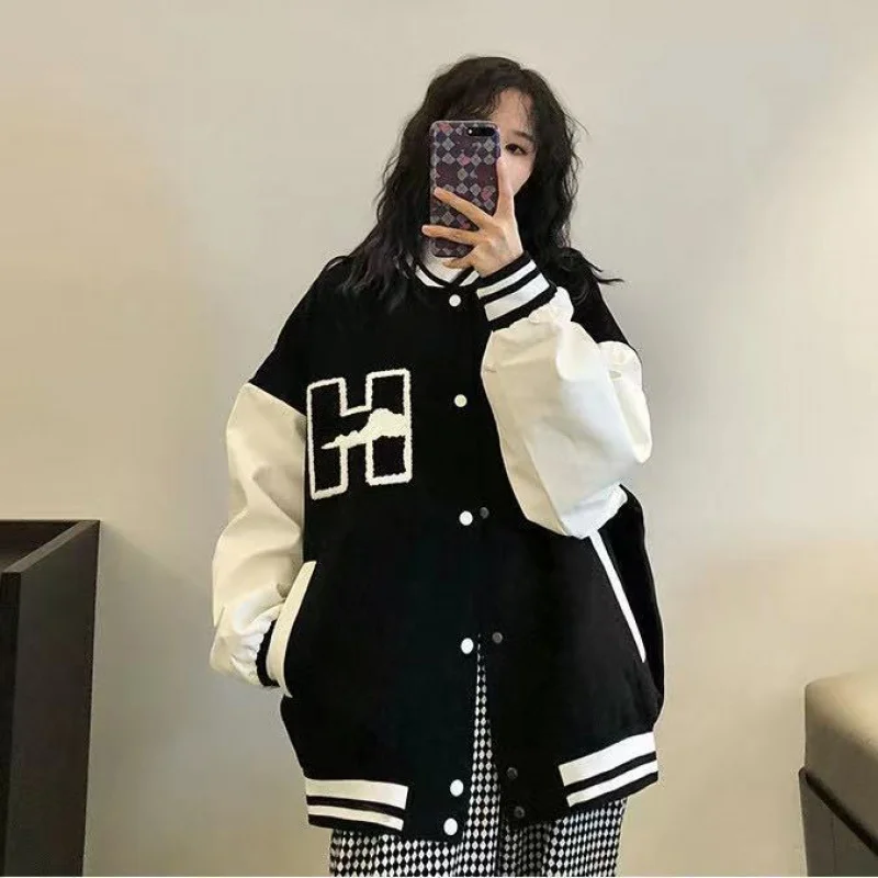 

Spring Women Baseball Jacket Harajuku Casual Loose Pocket Printed Korean Oversize Bomber Sweatshirt Uniform Streetwear Tops