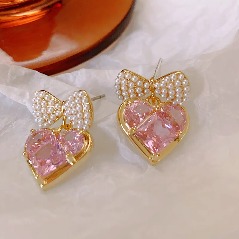 

Pink gems love bow earrings luxury peach heart sweet girl romance eardrop