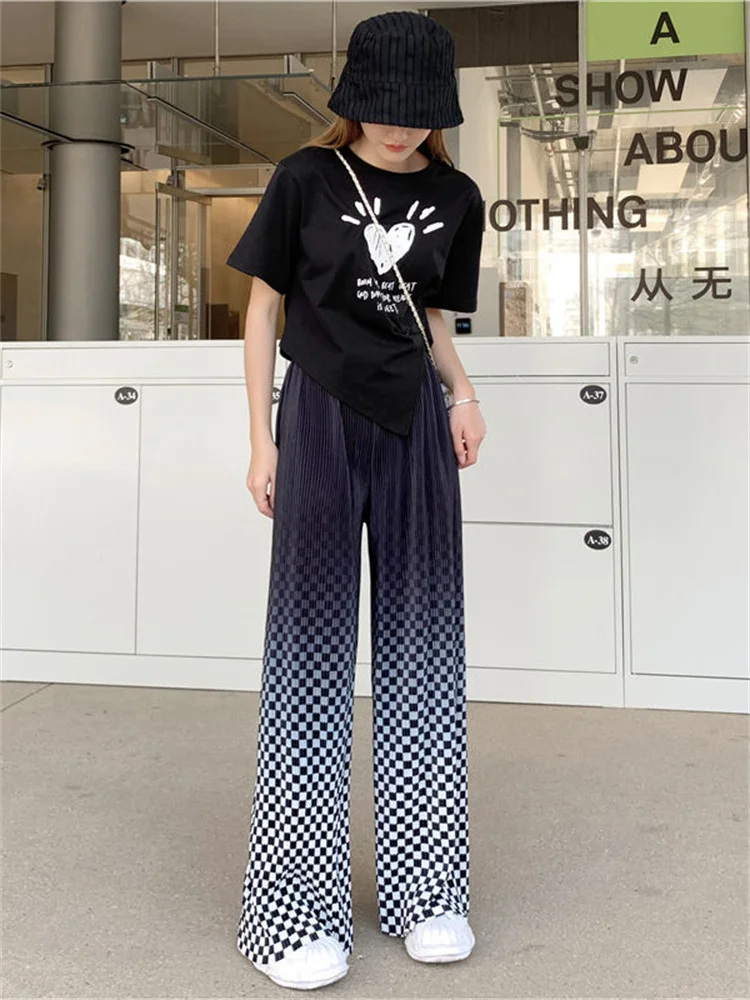 

2022 Women Fashion Gradient Plaid Print Loose Straight Wide Leg Pants Casual Summer Oversize Comfortable Trend Hip Hop Clothing
