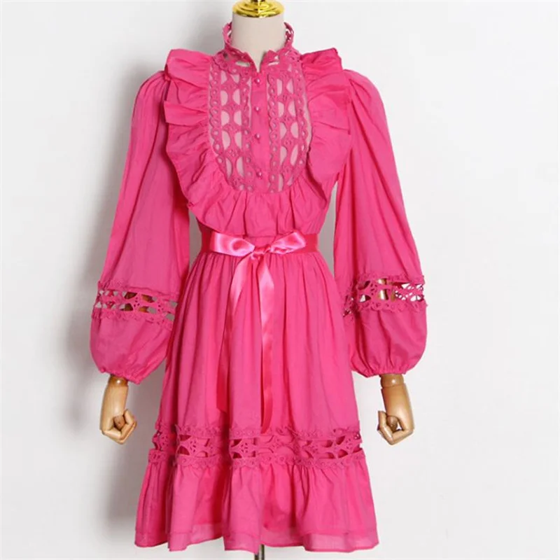 

New lace hollow ruffled court style long sleeves dress women's dress party swing long dress