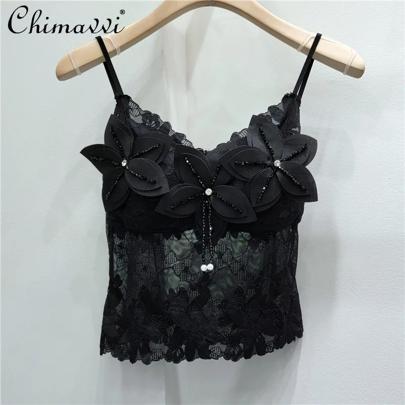

Sweet Tridimensional Flower Decorative Diamond Tassel Short Top Laides 2022 Summer New All-Match Lace Splicing Sling Women's