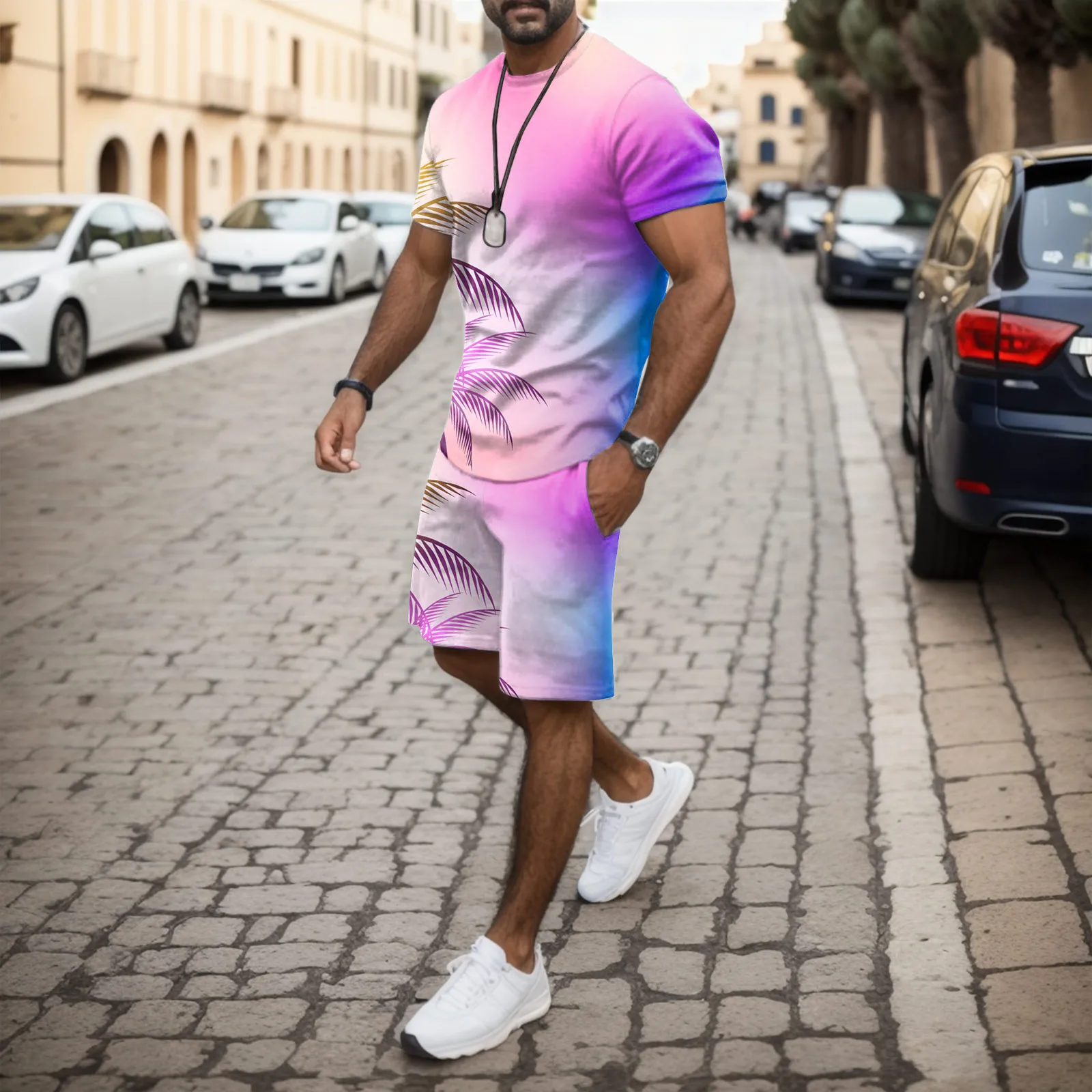 

Men Summer Outfit Beach Short Sleeve Printed Shirt Short Suit Shirt Pants Suit With Pockets Slim Fit Jacket for Men