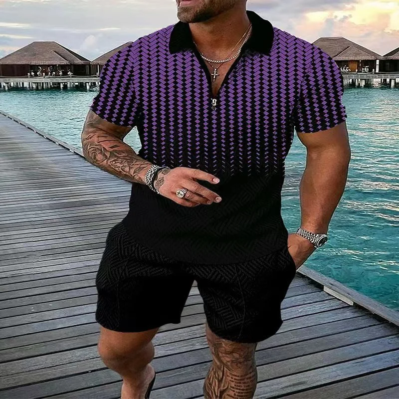 

S-3XL Solid Color New Summer Men's Polo Shirt Casual Short Sleeve Suit + Shorts Suit Men's Casual Streetwear