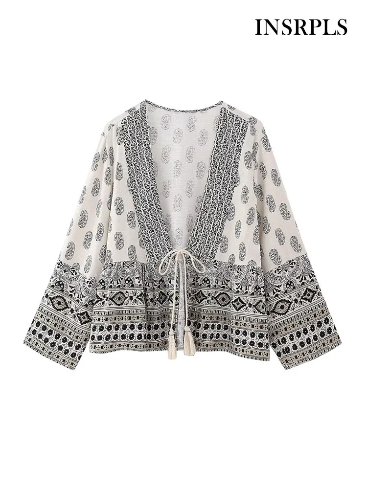 

INSRPLS Women Fashion With Tied Tassel Printed Open Kimono Blouses Vintage V Neck Three Quarter Sleeve Female Shirts Chic Tops