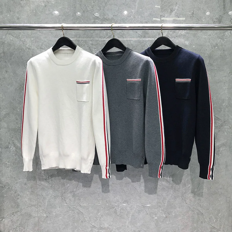 TB THOM Men's Sweaters 2023 Luxury Brand Chest Pocket Multicolored Stripe Pullovers Men Clothing Casual Knitwears O-Neck Sweater