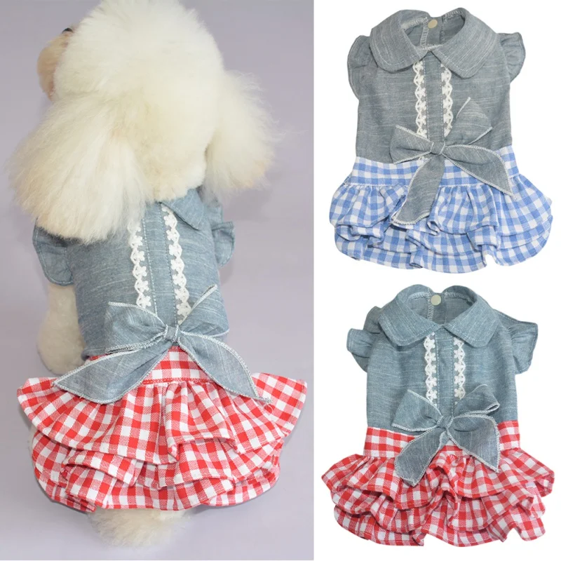 

Dog Dresses Fashion Pet Dog Clothes Plaid Denim Puppy Dog One-piece Skirt with Bow Tie XS-XL 5 Sizes for Small Medium Dog Cat