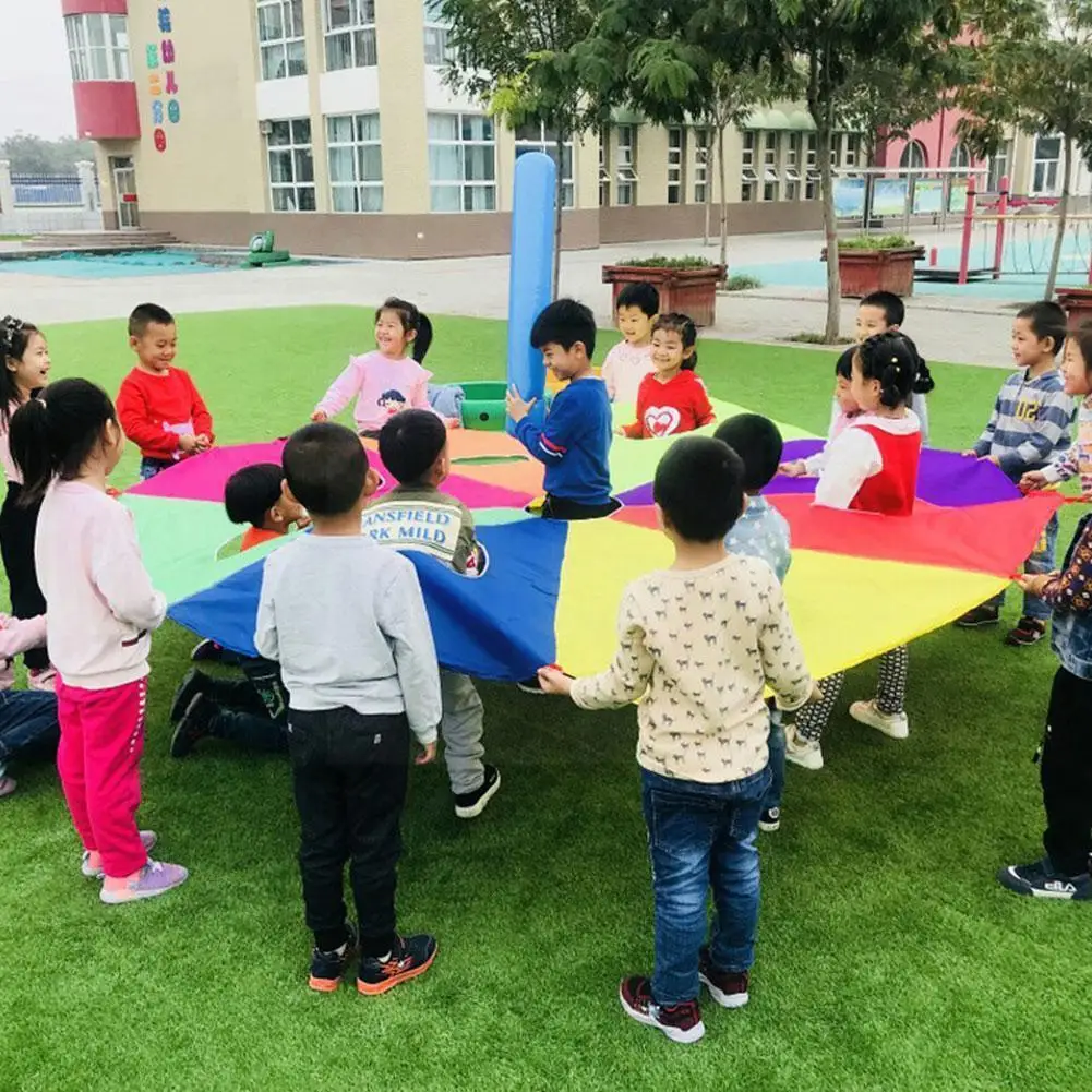 

3/4M Diameter Kids Parachute With Holes Kindergarten Jump-Sack Game Inflat Rainbow Umbrella Hit Mole Hammer Outdoor Kids Ga Q0G9