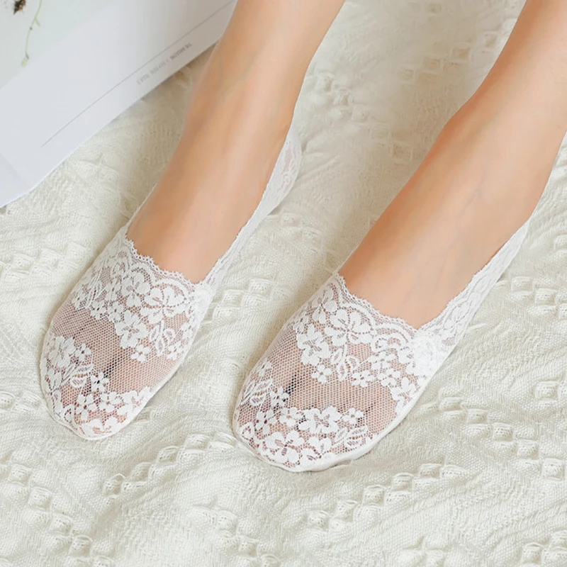 5Pairs Lace Flower Short Socks Women Cotton Hollow Boat Socks Summer Silicone Non-slip Ankle Socks Invisible No Show Short Socks
