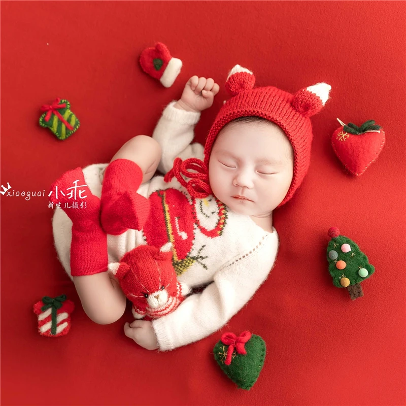 Newborn Baby Photography Props Christmas Red Theme Set Knitted Outfits Handmade Wool Decorations Studio Shooting Photo Props