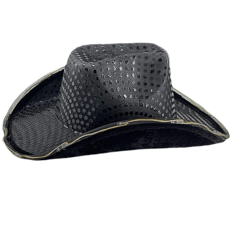 

Western Sequins Felt Cowboy Hat Cowgirl Led Glitter Brim Costume Party Accessory