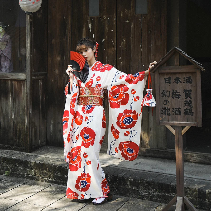 

Women's Traditional Japanese Kimono Red Flower Prints Long Sleeve Japan Style Yukata Cosplay Dress Stage Performing Wear