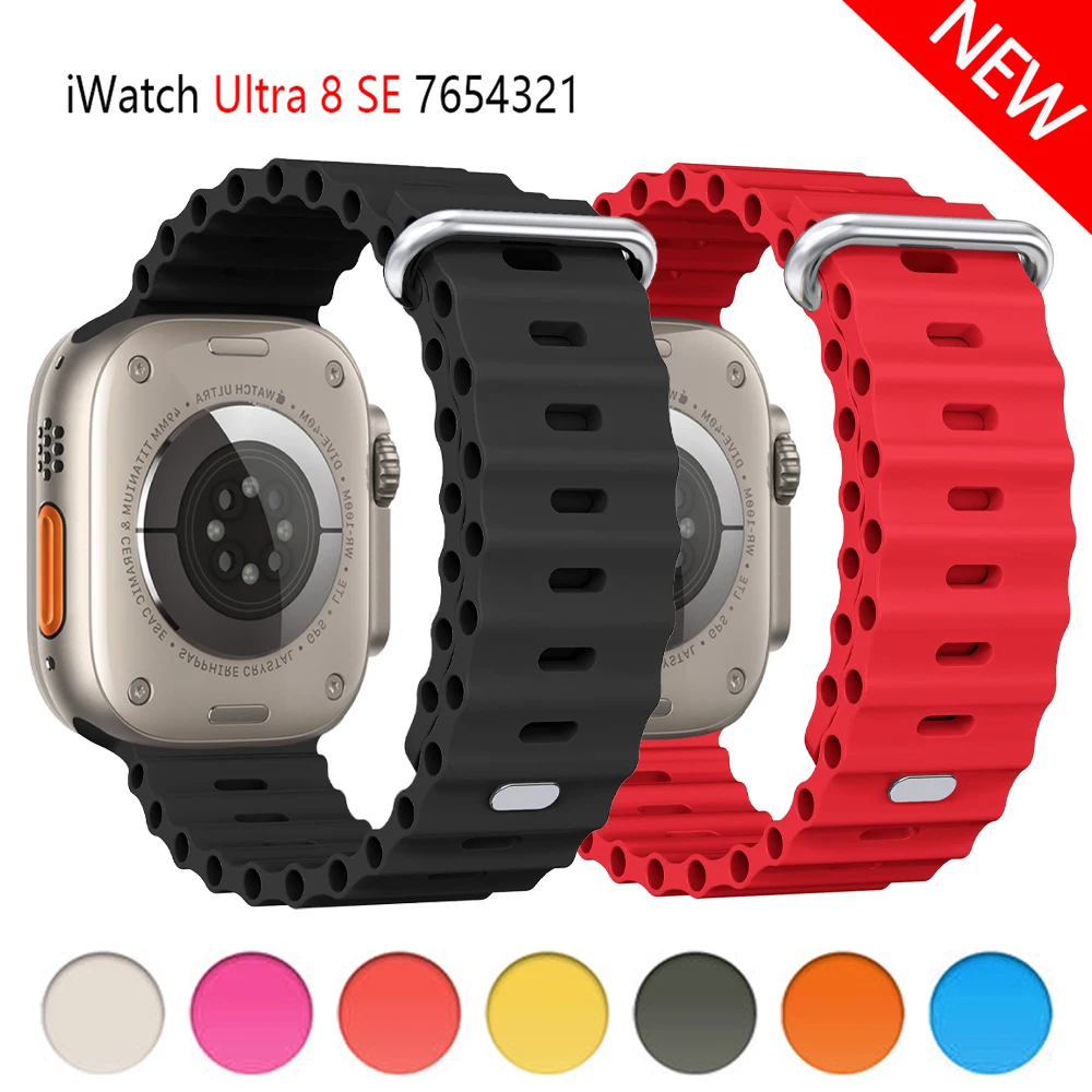 

Ремешок Ocean для Apple Watch Ultra Band 49 мм 45 мм 41 мм 38 мм 40 мм 42 мм 44 мм, спортивный силиконовый браслет для iWatch Series 8 7 6 5 4 3 SE