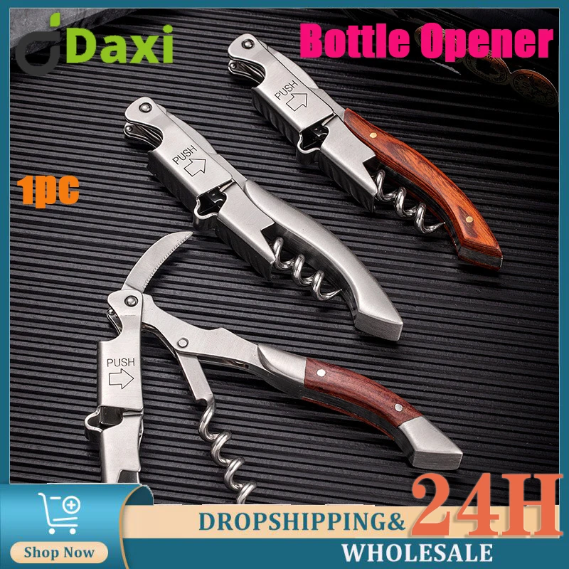 

Stainless Steel Bottle Opener Portable Multifunction Screw Corkscrew Wood Handle Household Wine Opener Bar Kitchen Accessories