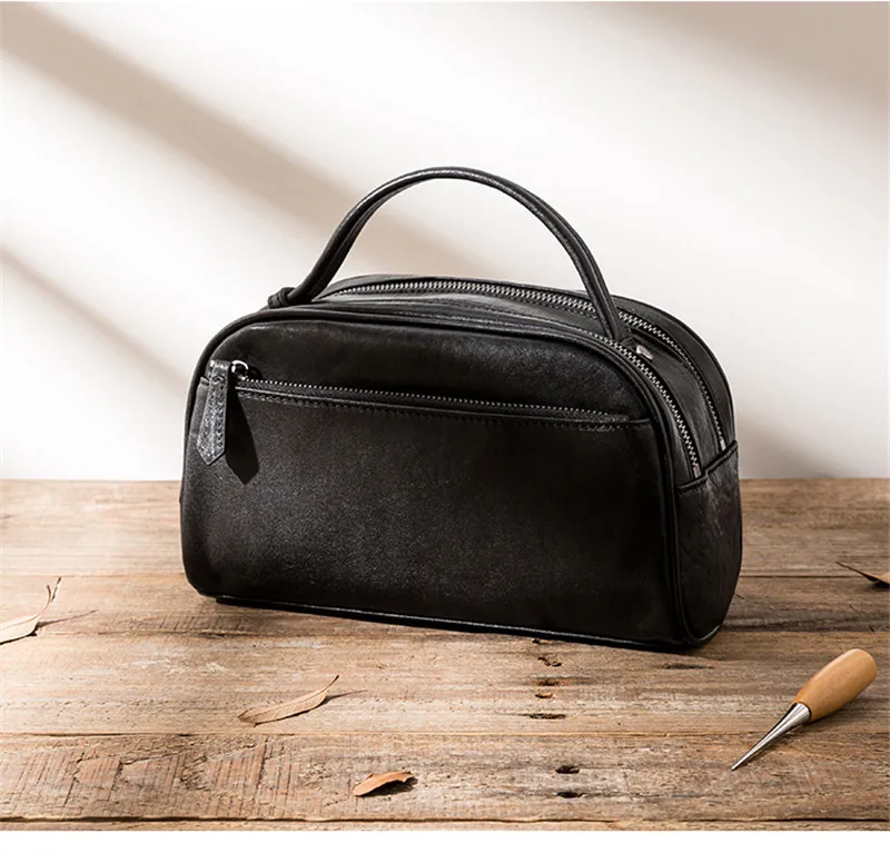 Simple casual high-quality natural genuine leather men's storage toiletry bag retro designer black real cowhide business handbag