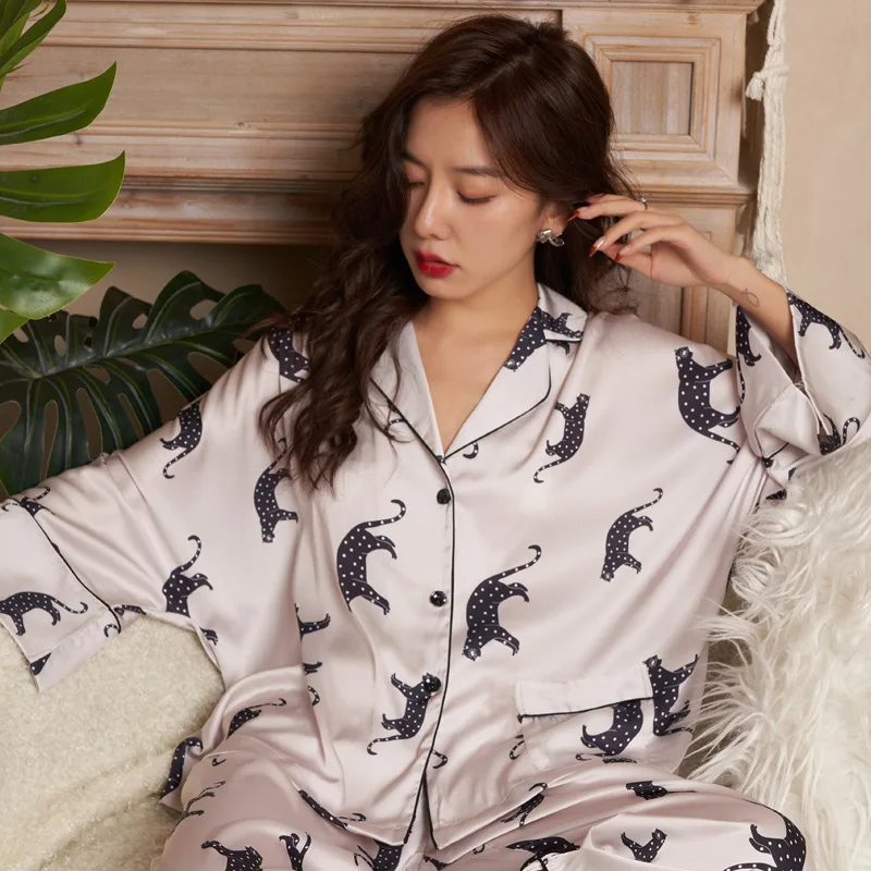 Women's 2 Piece Pajamas Sets Leopard Print Pijama Ice Silk Pyjama Female Sleepwear Long Sleeve Shirt Trouser Homewear Loungewear