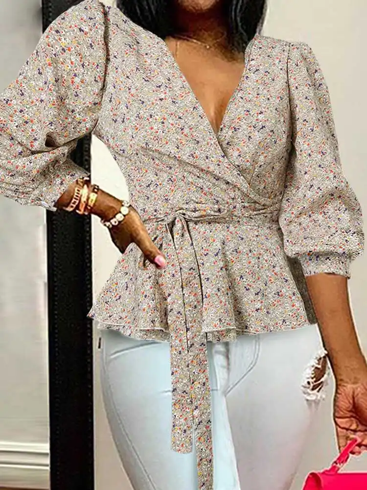 

Блузка Celmia Женская Офисная с цветочным принтом, элегантная пикантная туника с глубоким V-образным вырезом и поясом, модный топ с оборками