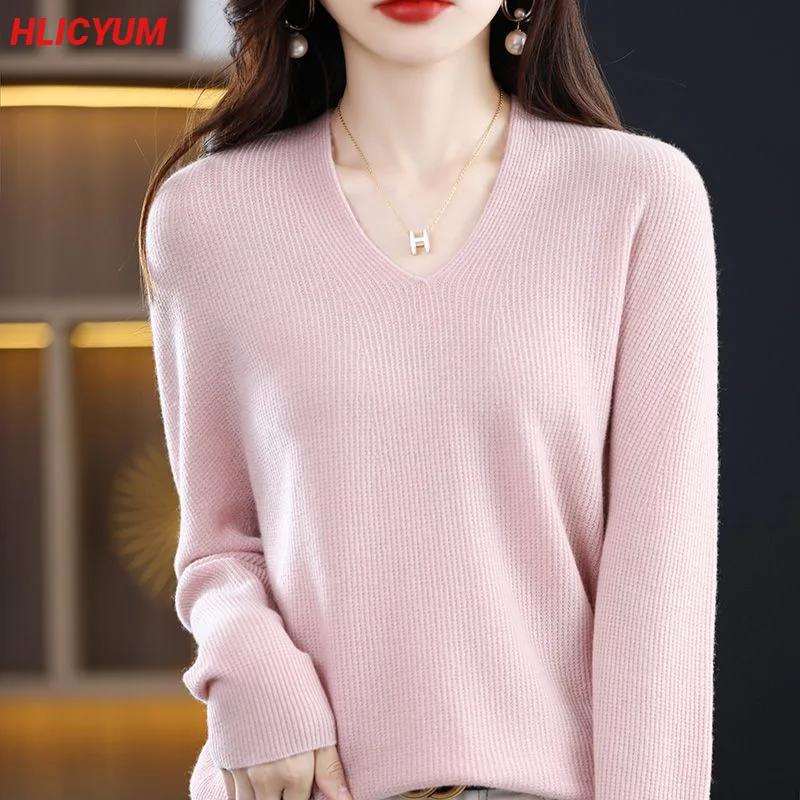 

Cashmere Pullover Women Elegant Autumn/Winter 100% Pure Wool Sweater Casual Solid Color Knitwear V-Neck Ladies Tops Loose Blouse