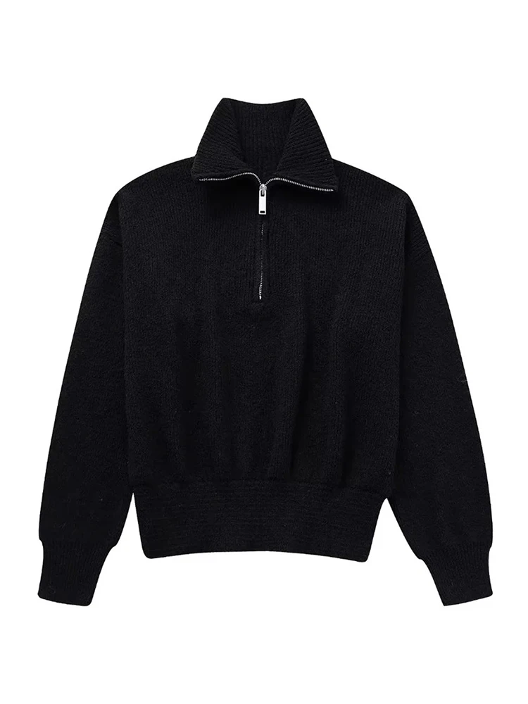 

Женский короткий свитер на молнии с высоким воротником, черные вязаные эластичные повседневные свободные кофты для девушек на осень и зиму, 2023