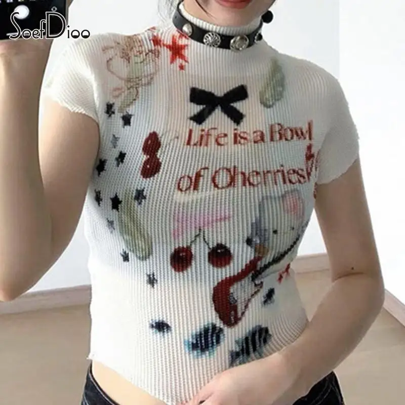 

Soefdioo Cute Printed Fashion O-Neck Short Sleeve Slim Crop T-Shirts Women Fall 2023 Causal Y2K Tops Baddie Streetwear Trending
