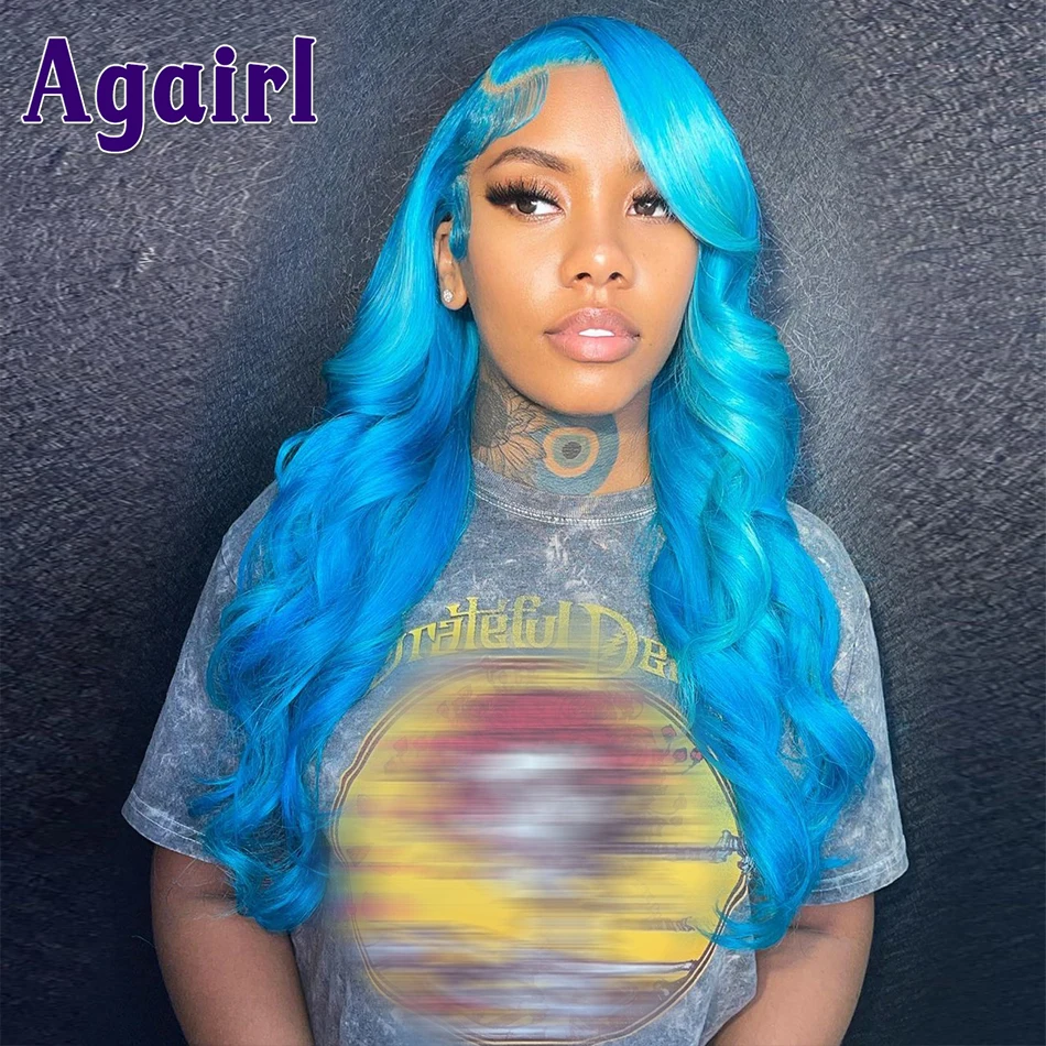 Sky Blue HD Lace Front Wig Human Hair 30 Inch Transparent Lace Frontal Wig Pre Plucked Brazilian Body Wave Wigs for Women Agairl