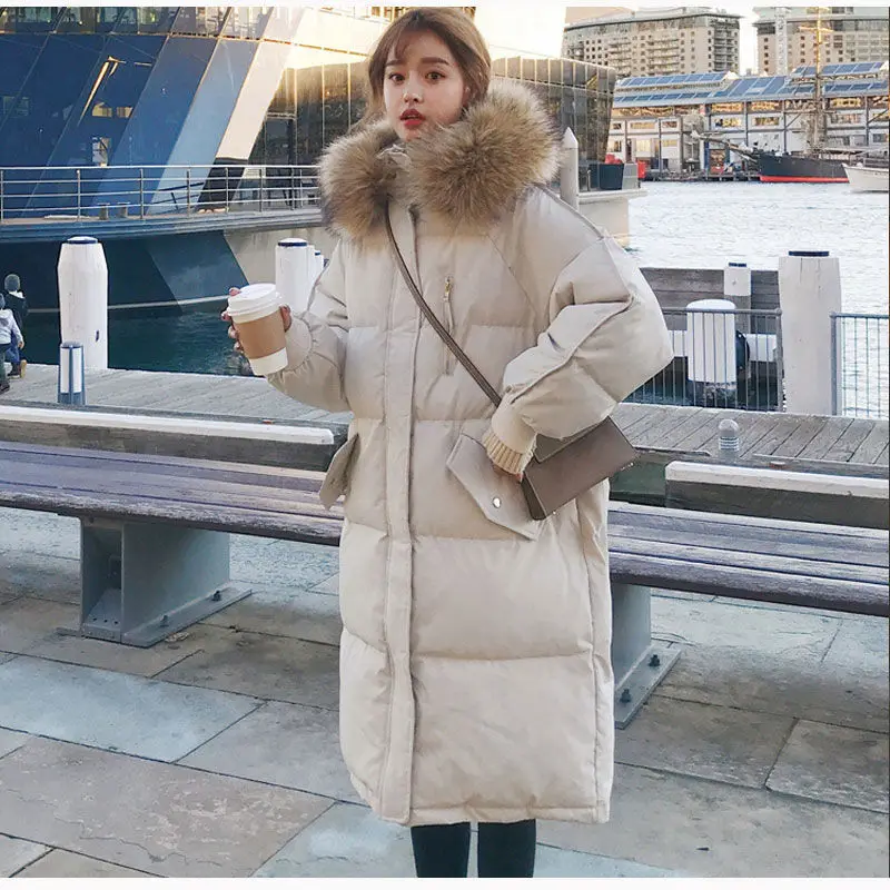 Hooded Fur Collar Women Vintage Long Cotton Coat Oversized Female Jacket Parka Autumn Winter Jacket White Warm Thick Parka Black