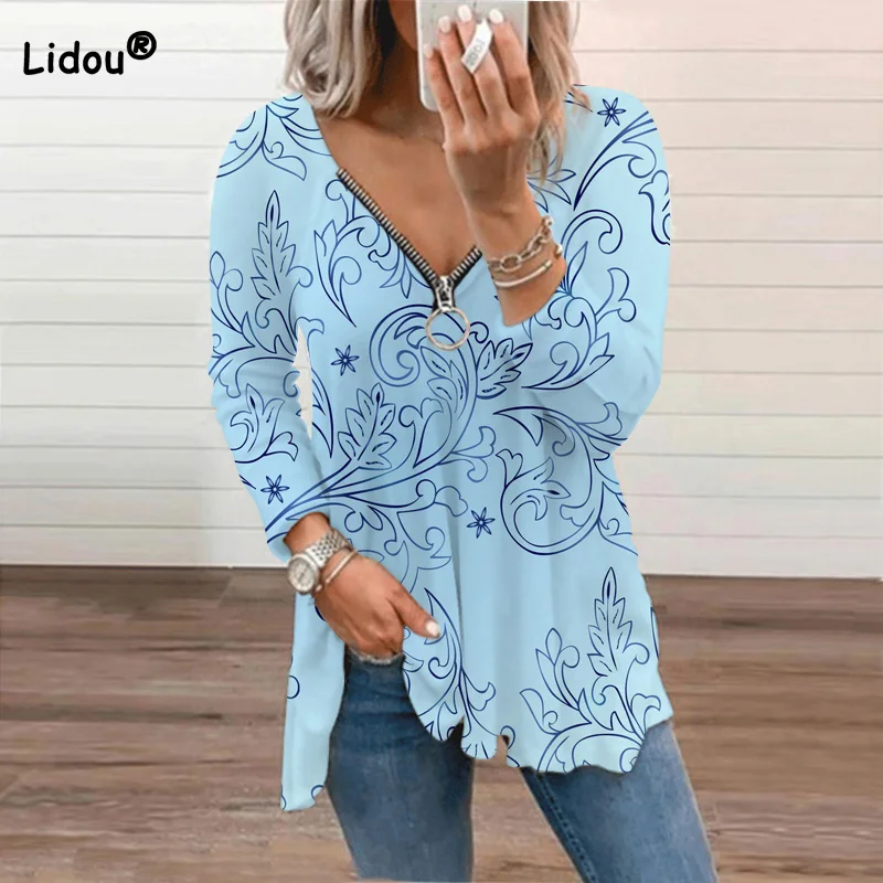 

Women's Tops Long Sleeve Spring New Sexy V-neck Zipper Loose Casual Vintage Female Autumn Harajuku Printed 5XL Oversized T-shirt