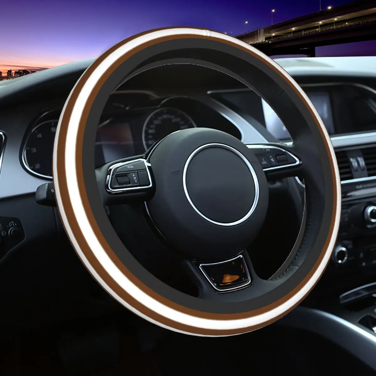 

Brown And White Stripes Car Steering Wheel Cover 37-38 Soft Steering Wheel Protective Cover Suitable Car-styling Car Accessories