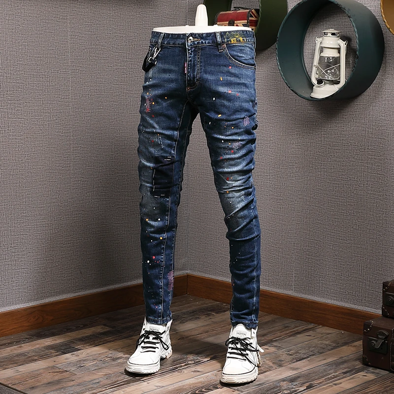 Streetwear Fashion Men Jeans Retro Blue Stretch Slim Fit Spliced Ripped Biker Jeans Homme Painted Designer Hip Hop Pants Men