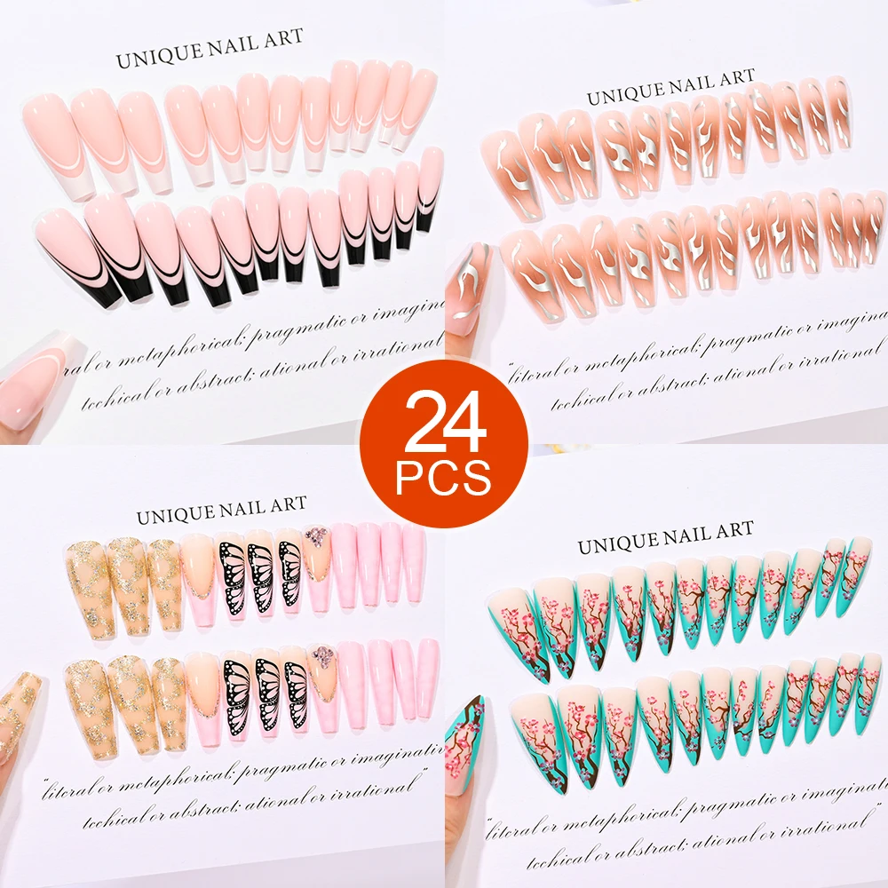 

24Pcs False Nails with Jelly Adhesive Glue Butterfly Flame French Line Detachable Fake Fingernails Full Cover Press on Nails