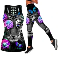 flower tiger 3d all over printed combo tank legging yoga pants and hollow tank womens sport vest suits leisure suits xs 8xl